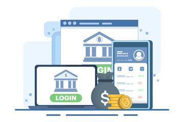 Fototapeta premium Online banking and mobile payments concept, login to bank account, digital wallet, internet money, savings and finance, mobile banking. Flat vector illustration on background.