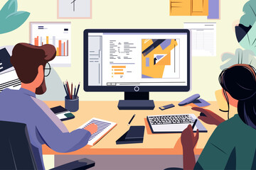 group of people creating a design on a desktop computer planning strategy collaboration teamwork innovation