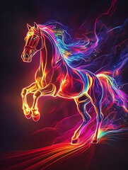 A dynamic illustration of a powerful horse illuminated by neon lights