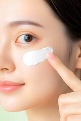 Close-up of an Asian woman's hand pointing to her face and white cream. Images for product promotions and advertisements.