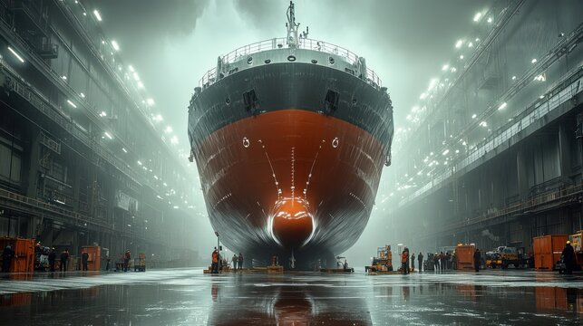 A large ship is being built in a dry dock. Workers are standing around the ship, and there is a lot of fog in the air.