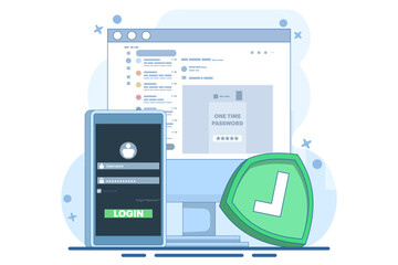 The concept of logging into a website or application using two steps, Two-step authentication. Verification code message, Two-factor verification, notification with code for secure login or sign in.
