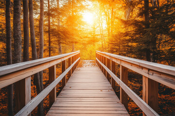 Obraz premium Autumn forest with wooden bridge in fall season.
