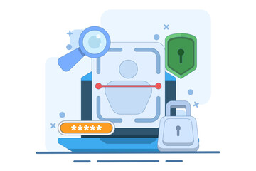 facial recognition technology concept. identification and authentication system using face. biometrics and security. illustration of user scanning their face to gain access. flat vector illustration.