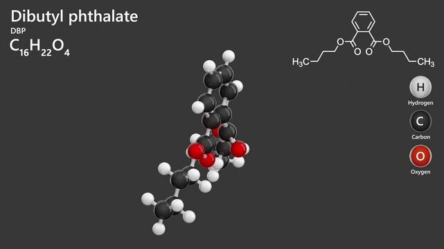Dibutyl phthalate. Plasticizer. Animated 3D model of a molecule. Molecular formula: C16H22O4. Chemical model: Ball and stick. Gray background. 3D rendering. Seamless loop.