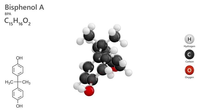 Bisphenol A or BPA. Xenobiotic. Endocrine disruptor. Animated 3D model of a molecule. Molecular formula: C15H16O2. Chemical model: Ball and stick. White background. 3D rendering. Seamless loop.