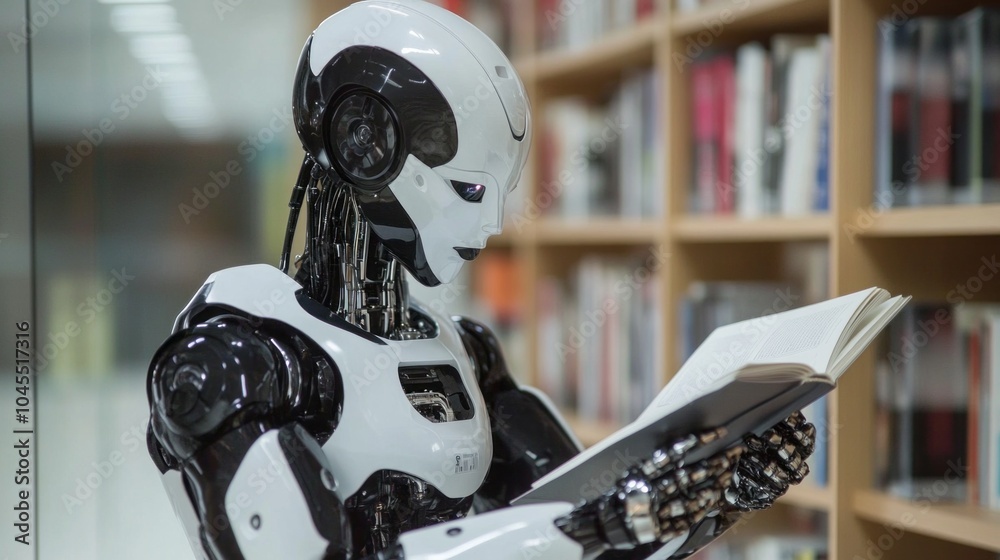 Aufkleber a robot is reading a book in a library
