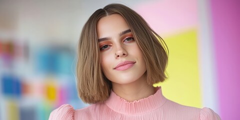 Confident Transgender Woman Portrait in Pink Blouse Against Colorful Background