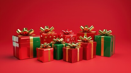 Fototapeta premium A festive arrangement of beautifully wrapped Christmas gifts in red and green against a vibrant backdrop during the holiday season