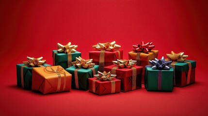 Fototapeta premium A festive arrangement of colorful Christmas gifts with shiny bows on a bright red background during the holiday season
