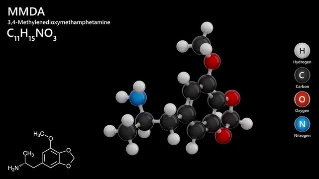 MMDA or 5-methoxy-3,4-methylenedioxyamphetamine. Drug. Animated 3D model of a molecule. Molecular formula: C₁₁H₁₅NO₃. Chemical model: Ball and stick. Black background. 3D rendering. Seamless loop.