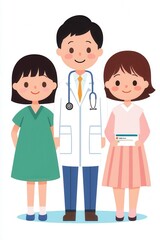 Obraz premium Three cartoon characters: a doctor in a white coat and two girls in colorful dresses, symbolizing health and care.