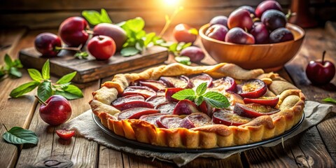 A Rustic Plum Tart With A Flaky Crust And A Touch Of Fresh Mint On A Wooden Table