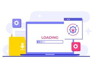 System maintenance flat vector illustration, Error, Fixing trouble, Device updating, Software system under maintenance, Software upgrade process on devices, People update operation system