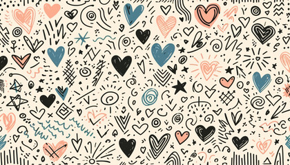 Naklejka premium Hand drawn sketch pattern featuring hearts, swirls, and stars in a whimsical style