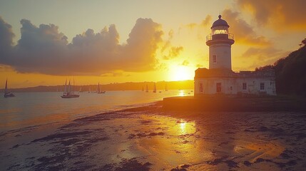 A lighthouse stands tall on a rocky shore as the sun sets over the water, casting a warm glow on the scene. Sailboats are visible in the distance, adding to the picturesque view.