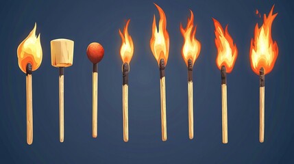 Fototapeta premium Burning match animation kit. Wood whole matchstick with sulfur head flaming stages from ignition to extinction. Sequence steps of combustion. Vector cartoon household wooden stick set 
