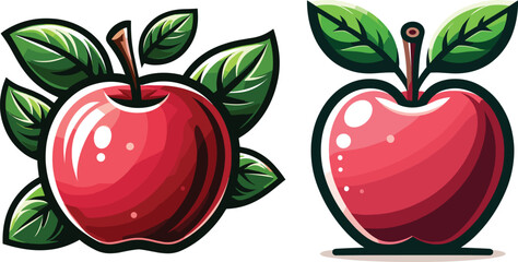 Fresh red apple with green leaves