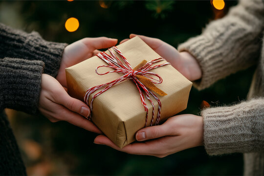 Closeup couple hands holding wrapped gift exchanging Christmas present