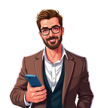 Illustration of a smiling businessman with cellphone in hand