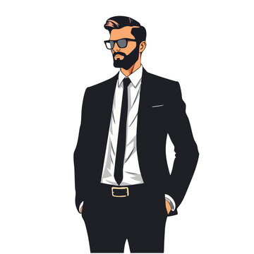 Minimalist illustration of a businessman in a black suit isolated on transparent background
