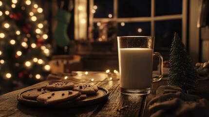 Cozy Christmas ambiance at night, with a glass of milk and cookies ready for Santa Claus. The warm and inviting atmosphere creates a magical and cheerful setting for the festive season.