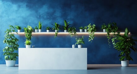 A blue wall with an LED strip light, white shelves on the top of it holding plants and green houseplants. A large reception desk in front of them