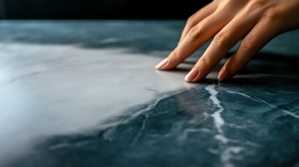 A woman's hand gently traces a marble surface with her fingertip.