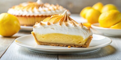 A slice of lemon meringue pie with a golden crust, fluffy meringue topping, and a creamy lemon filling on a white plate