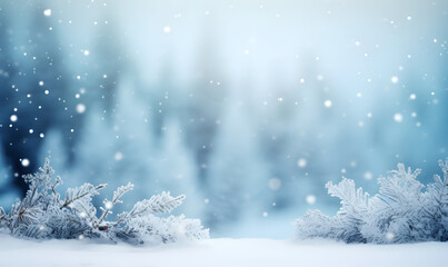 Detailed illustration of a winter Christmas frame on a nature background with snowy fir branches, driftwood, blurred forest, falling snow and enough copy space.