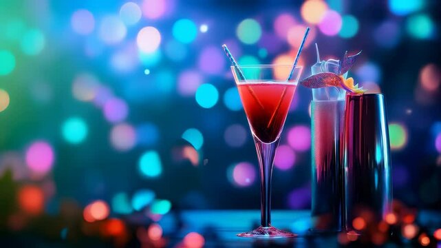 Colorful Cocktails and Festive Drinks in Elegant Glasses Against Blurred Lights Nightlife Party Experience with Vibrant Garnishes
