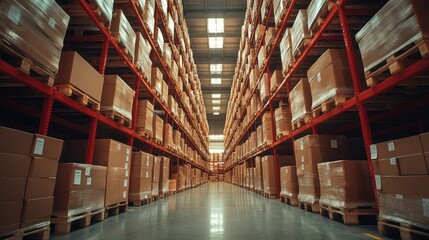 Fototapeta premium A long aisle in a warehouse with shelves full of cardboard boxes.