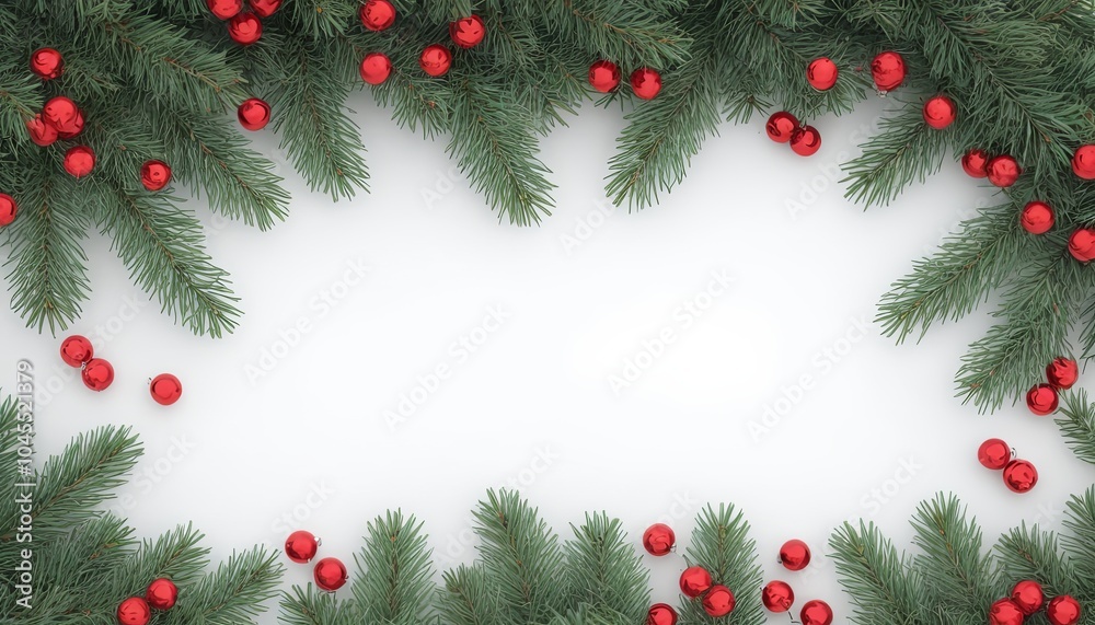 Wall mural 3d christmas branches border with christmas decorations colorful elements and white spaces