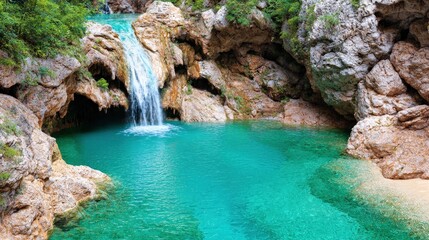 Pristine Turquoise Waterfall Pool in a Rocky Canyon