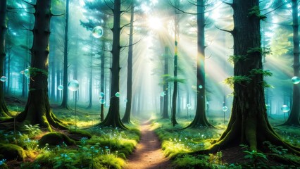 A mystical forest illuminated by sunlight, featuring ethereal glowing orbs. A serene path leads through lush greenery, creating a magical, dreamlike atmosphere