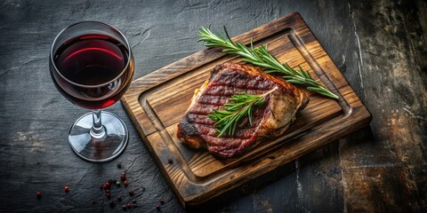 A Perfectly Grilled Steak with a Glass of Red Wine and Rosemary Sprigs on a Wooden Cutting Board