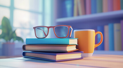 Fototapeta premium A stack of books with glasses on top, next to an orange mug, in a bright, colorful study area with a bookshelf in the background.