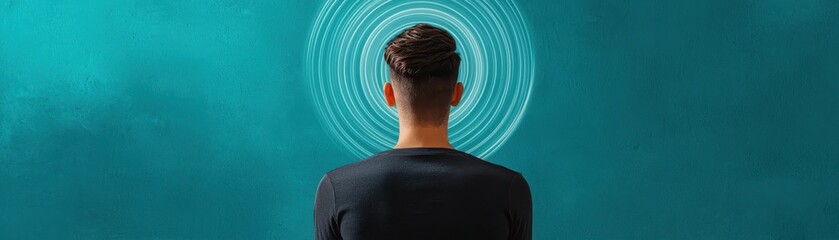 Fototapeta premium A person gazes into a tranquil scene, surrounded by swirling patterns, creating a sense of introspection and mindfulness.