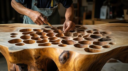 Artisan craftsman skillfully shaping a unique wooden table, highlighting intricate designs and craftsmanship in a workshop environment.