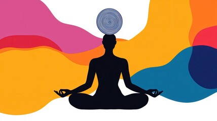 Obraz premium A silhouetted figure meditating with a patterned orb above its head, surrounded by vibrant abstract shapes that evoke serenity and mindfulness.