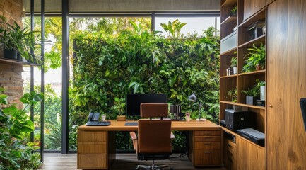 A modern home office with an indoor vertical garden on the wall, featuring lush green plants and a desk surrounded by wooden cabinets for storage space