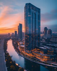 A vibrant city skyline at night featuring skyscrapers and a marina, illuminated by sunset hues, showcasing urban architecture and a lively atmosphere