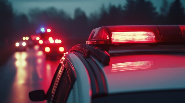 Close-up of flasher on roof of ambulance car of emergency medical service on road against fire engines. Themes rescue, accidents and disasters