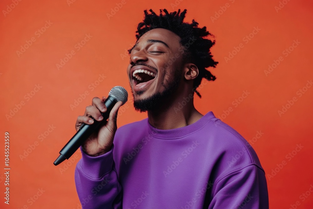 Poster a man sings into a microphone against a bright red background
