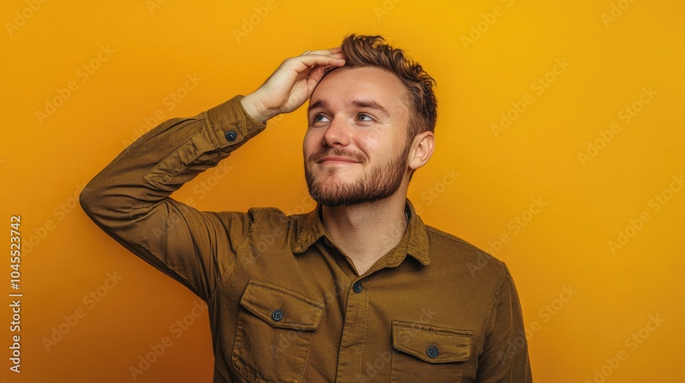 Poster portrait of a bearded man wearing a brown shirt, suitable for use in editorial or creative projects