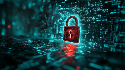 Cybersecurity concept, digital padlock on a background of encrypted code and binary numbers.