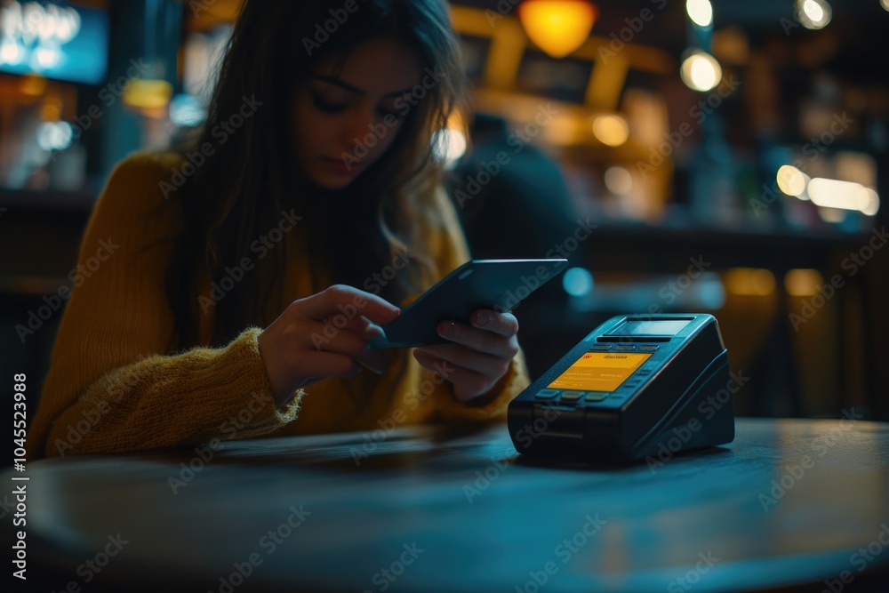 Poster a person sitting at a table using a mobile device, great for technology or everyday life scenes
