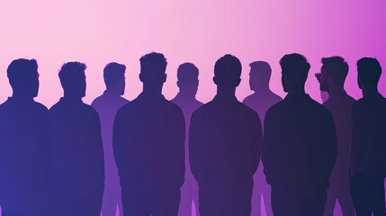Silhouettes of young men against a vibrant purple and pink background.