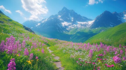 A vibrant mountain landscape adorned with colorful flowers and a serene pathway.