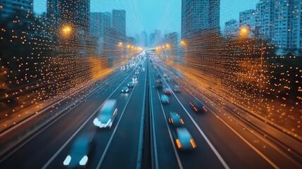 Futuristic City Highway with Connected Cars, Smart Transportation, and Data Visualization at Night